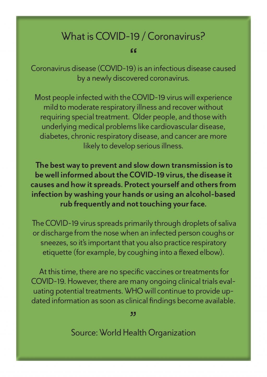 COVID19 basic info from WHO Anglican Alliance